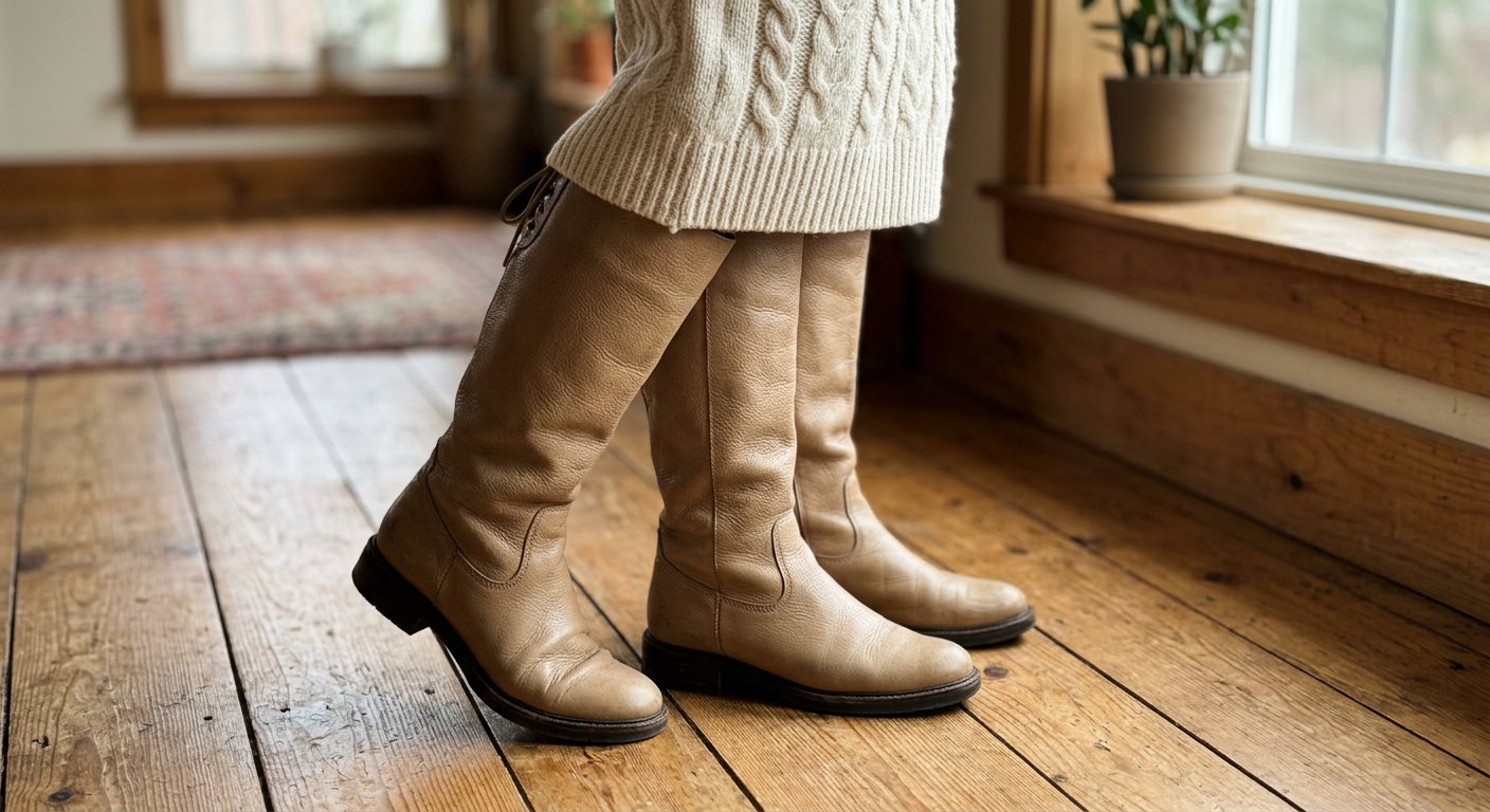 Beżowe skórzane kozaki za kolano zestawione z dzianinową sukienką midi tworzą elegancką stylizację w jasnym wnętrzu.