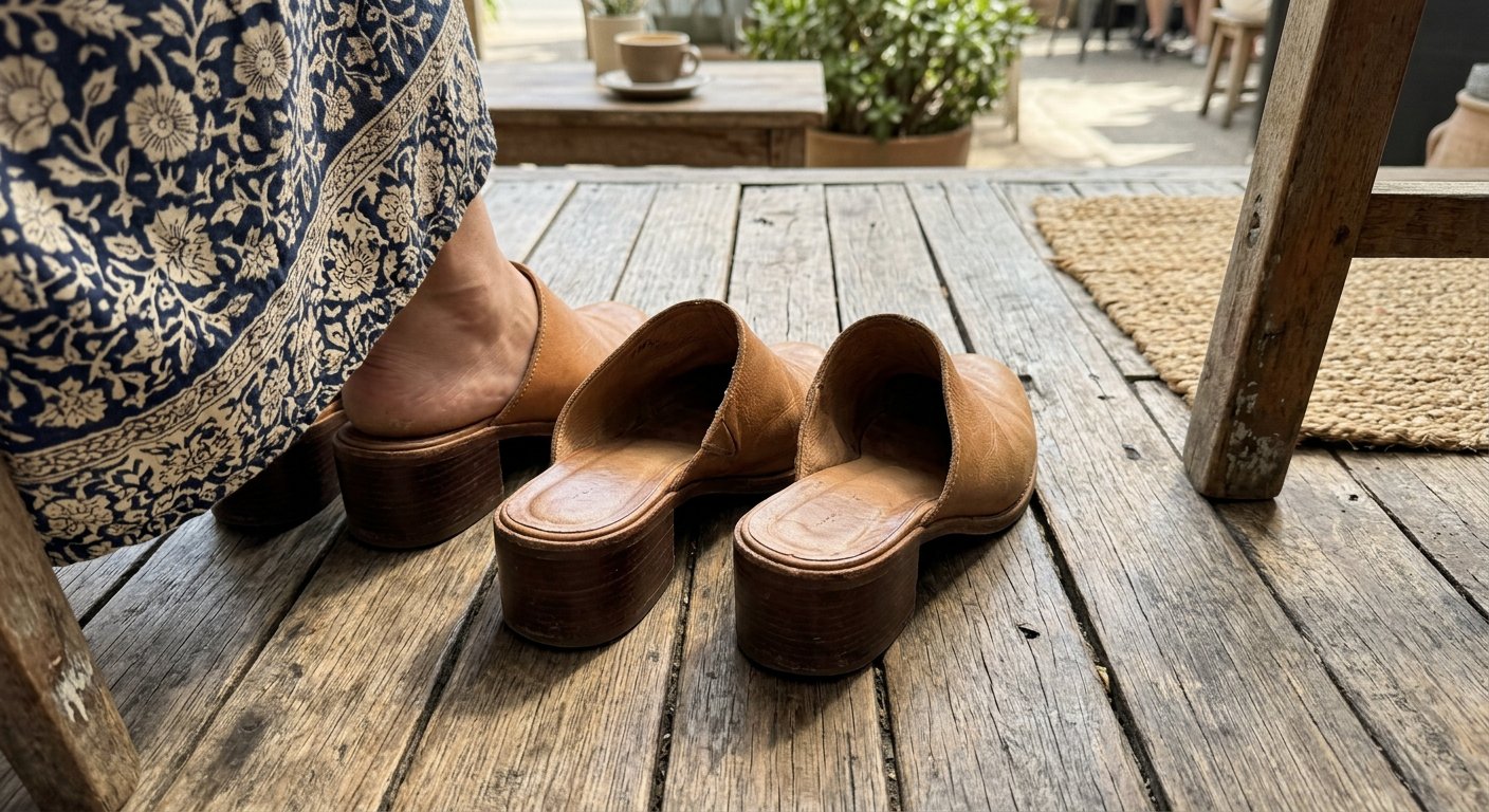 Skórzane mule na stabilnym obcasie w odcieniu nude harmonijnie dopełniają stylizację z sukienką midi, optycznie wydłużając sylwetkę podczas odpoczynku w kawiarnianym ogródku.