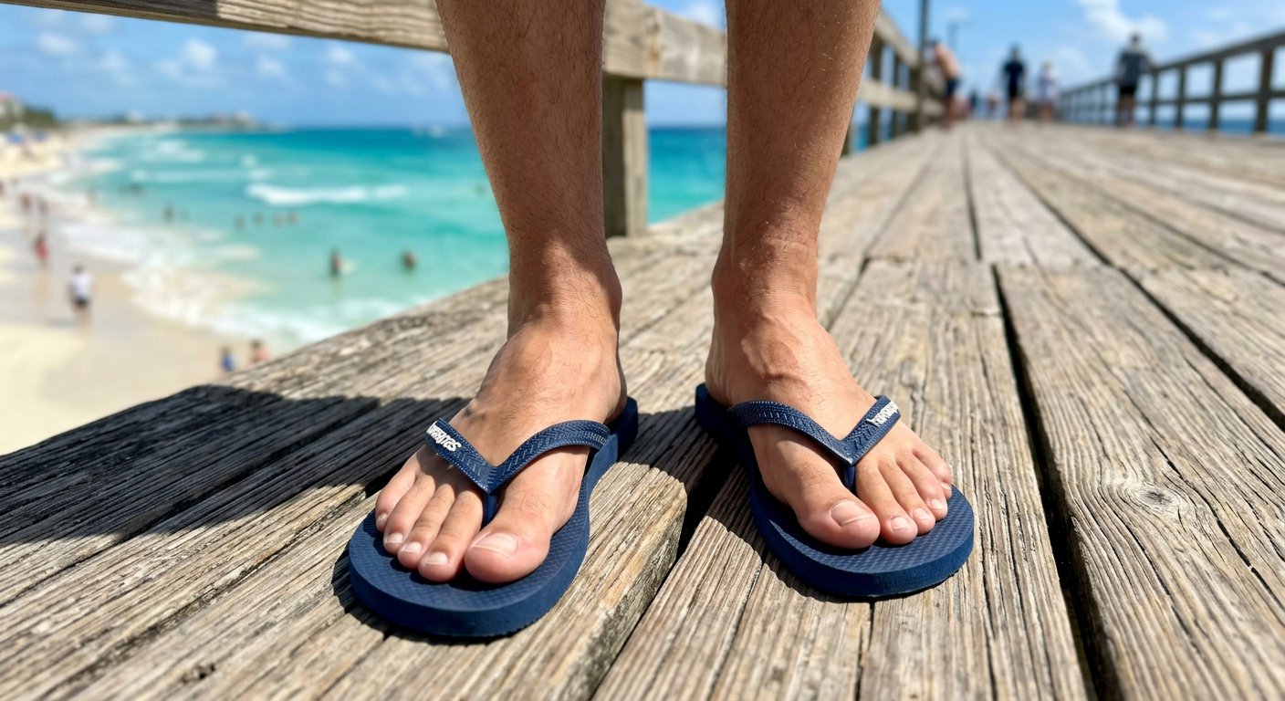 Stopy w wygodnych klapkach stoją na drewnianym pomoście, z rozmytym błękitem oceanu widocznym w tle pod wpływem letniego słońca.