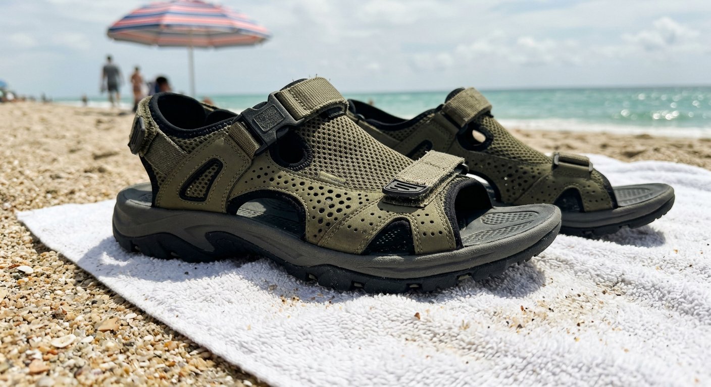 Lekkie, ażurowe sandały sportowe schną na białym ręczniku rozłożonym na piaszczystej plaży w pełnym słońcu.