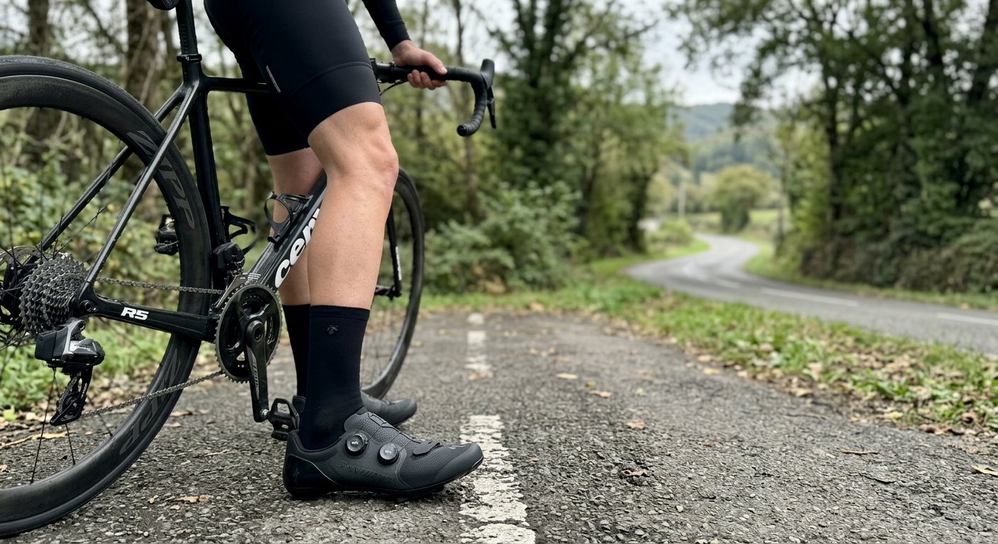 Rowerzysta szosowy w specjalistycznym obuwiu z systemem zapięcia typu BOA stoi przy swoim rowerze na asfalcie w oczekiwaniu na rozpoczęcie treningu.