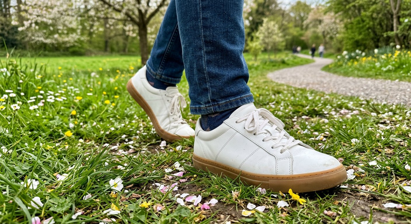 Białe minimalistyczne sneakersy na nogach osoby spacerującej po parku usłanym płatkami kwiatów.