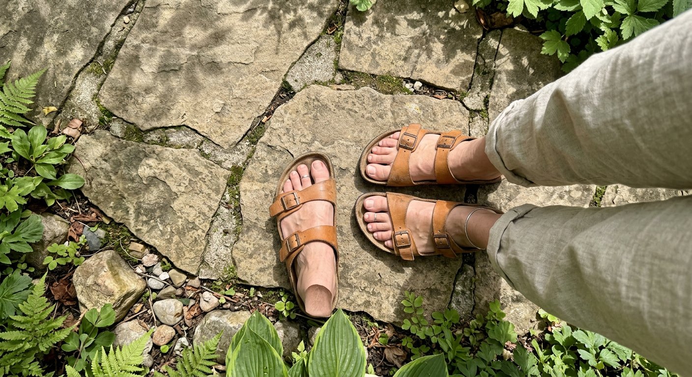 Osoba w skórzanych sandałach stoi boso na kamiennym tarasie w otoczeniu ogrodowej zieleni.